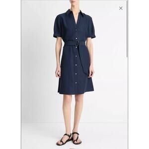 Vince Cuffed-Sleeve Belted Shirt Dress - Navy - Small (New)